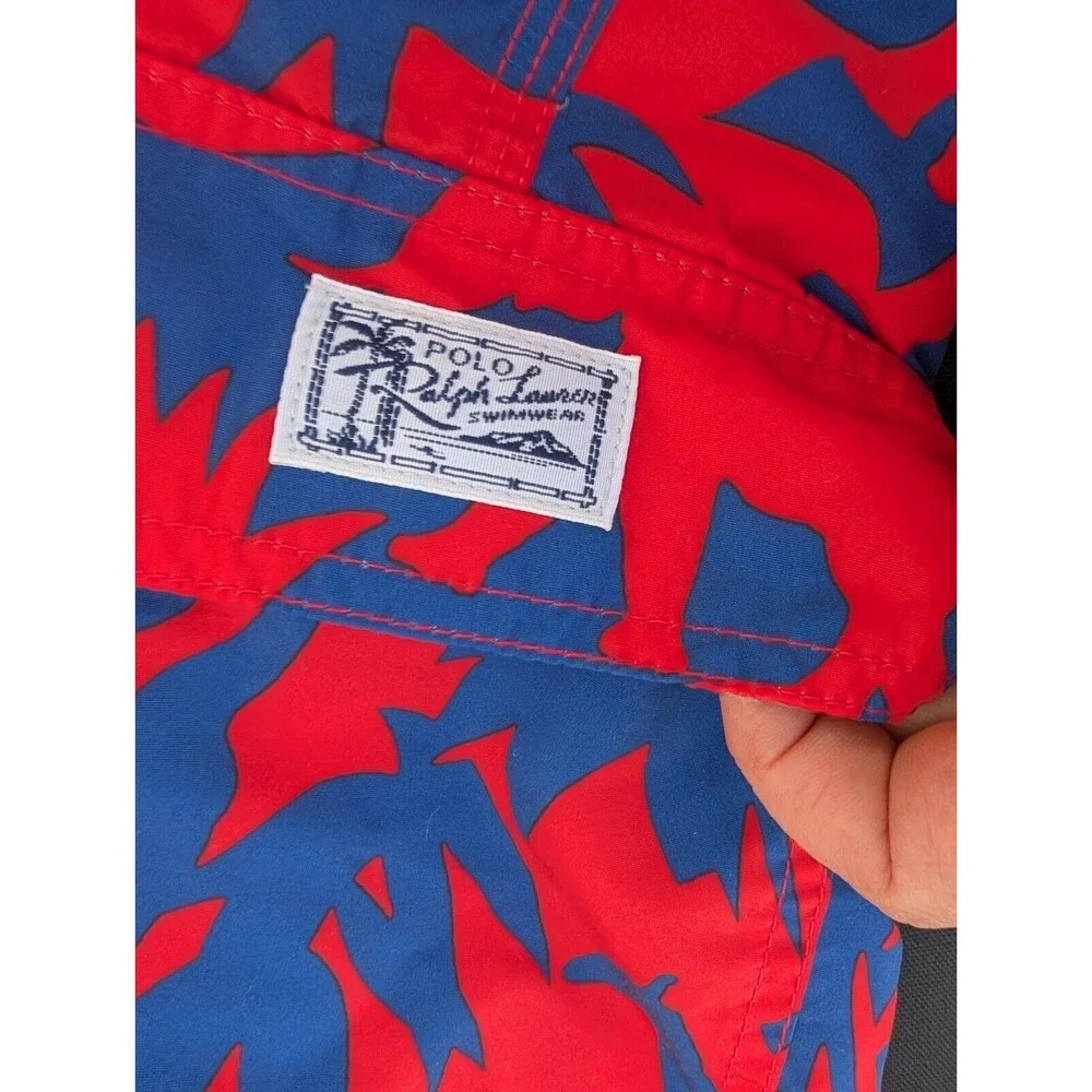 Vintage Polo Ralph Lauren Board Shorts Large Lined Red Blue Animals